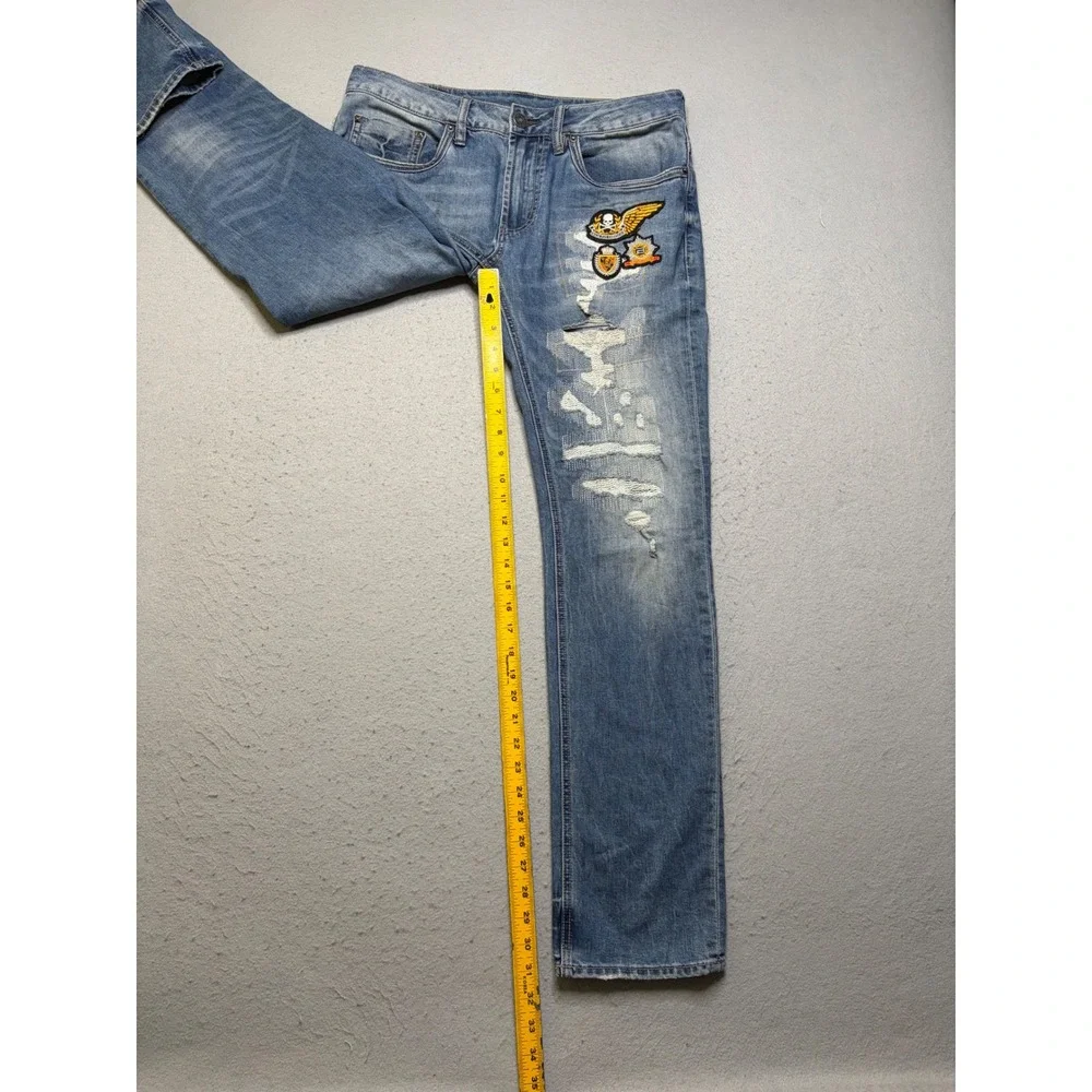 Buffalo David Bitton Jeans Mens 32x32 Blue Distressed Patched Straight Leg Denim